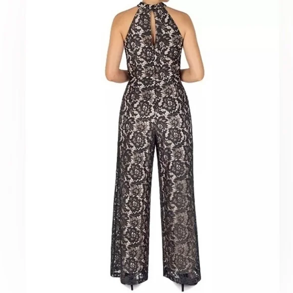 Women's Black Lace Sleeveless Twist-Neck Wide-Leg Jumpsuit - Picture 2 of 13